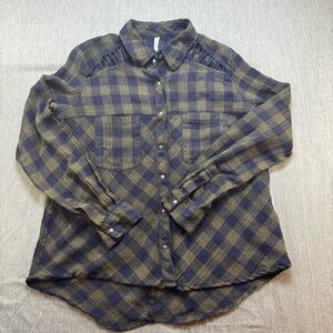 Free People Women’s Top Sz XS Green Plaid Snap Button Up Flannel Lace Up Collar